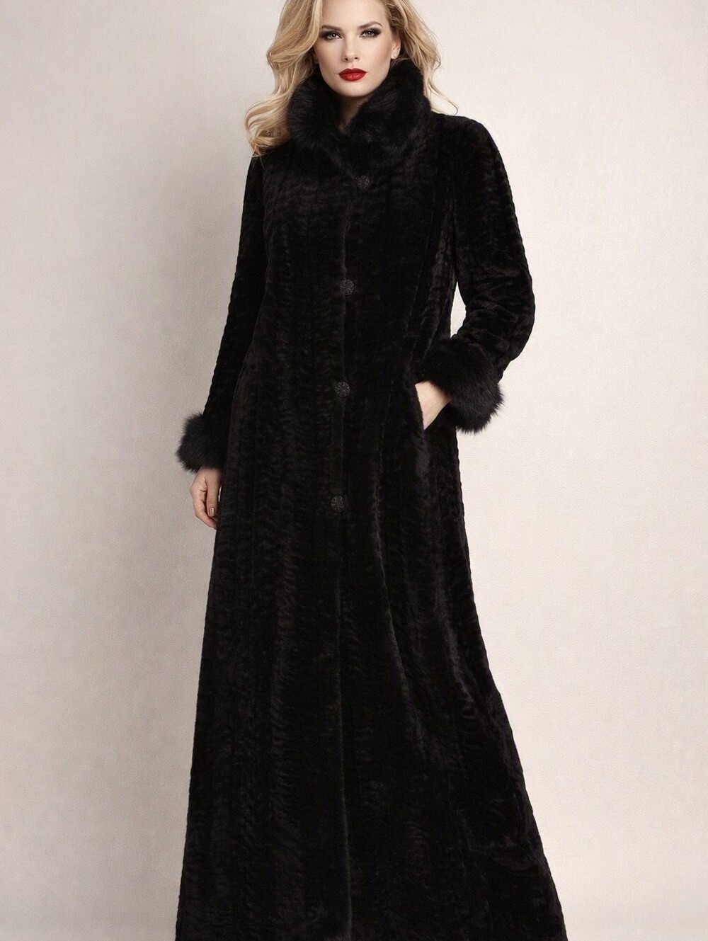 Vintage 90s Novelti Laura Black Faux Fur Mobwife Maxi Coat. Size 7/8